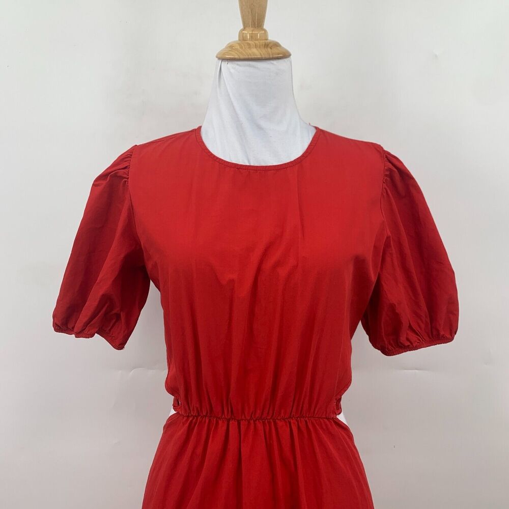 Zara Cut Out Polin Dress Womens XS Extra Small Red Midi Puff Sleeves Cinch Waist - Picture 5 of 16